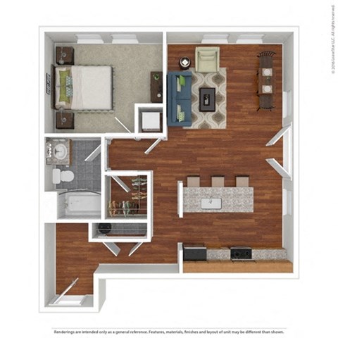 Floor plan for 1 bed, 1 bath, 767 sqft